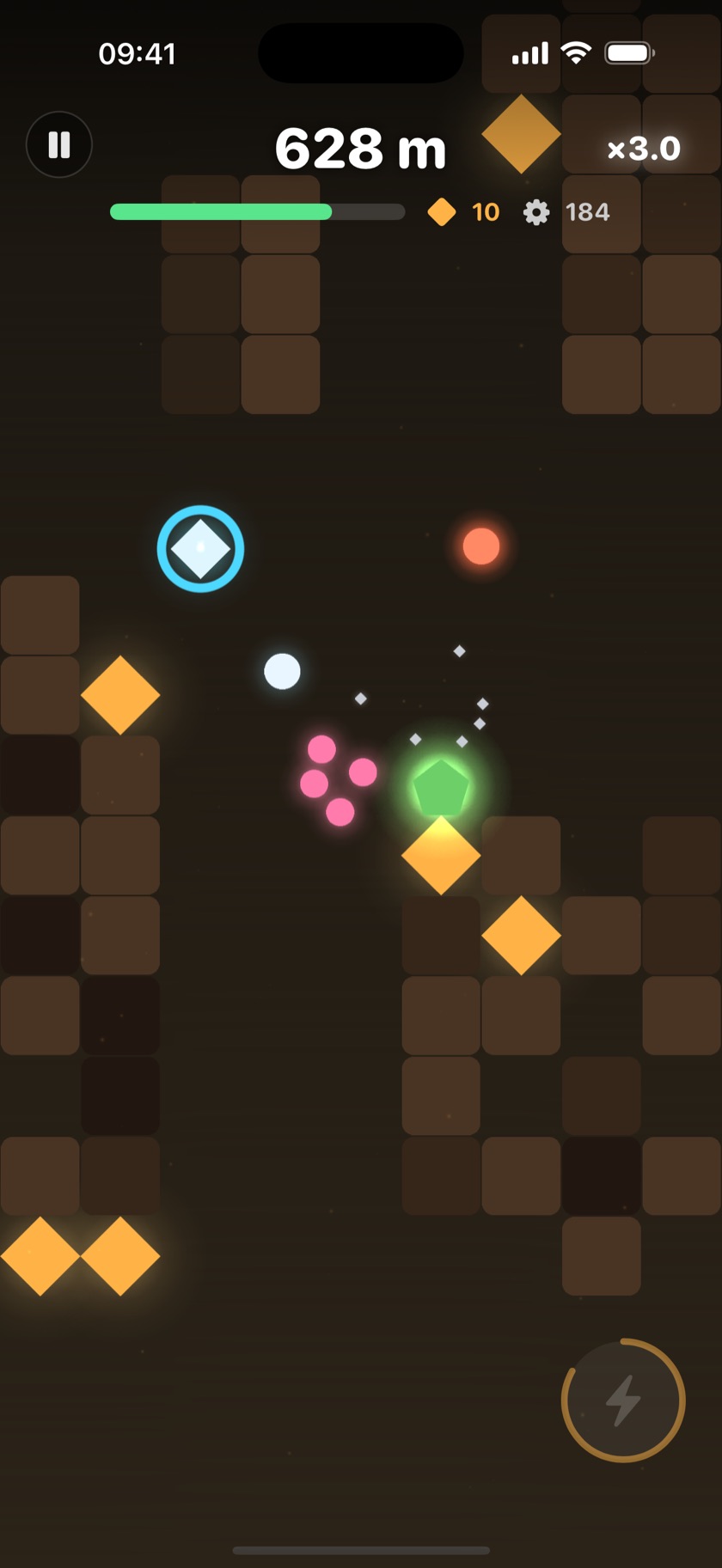 A Downcore run in the Crust: the drone drilling through ore with the momentum multiplier at three times and enemies closing in