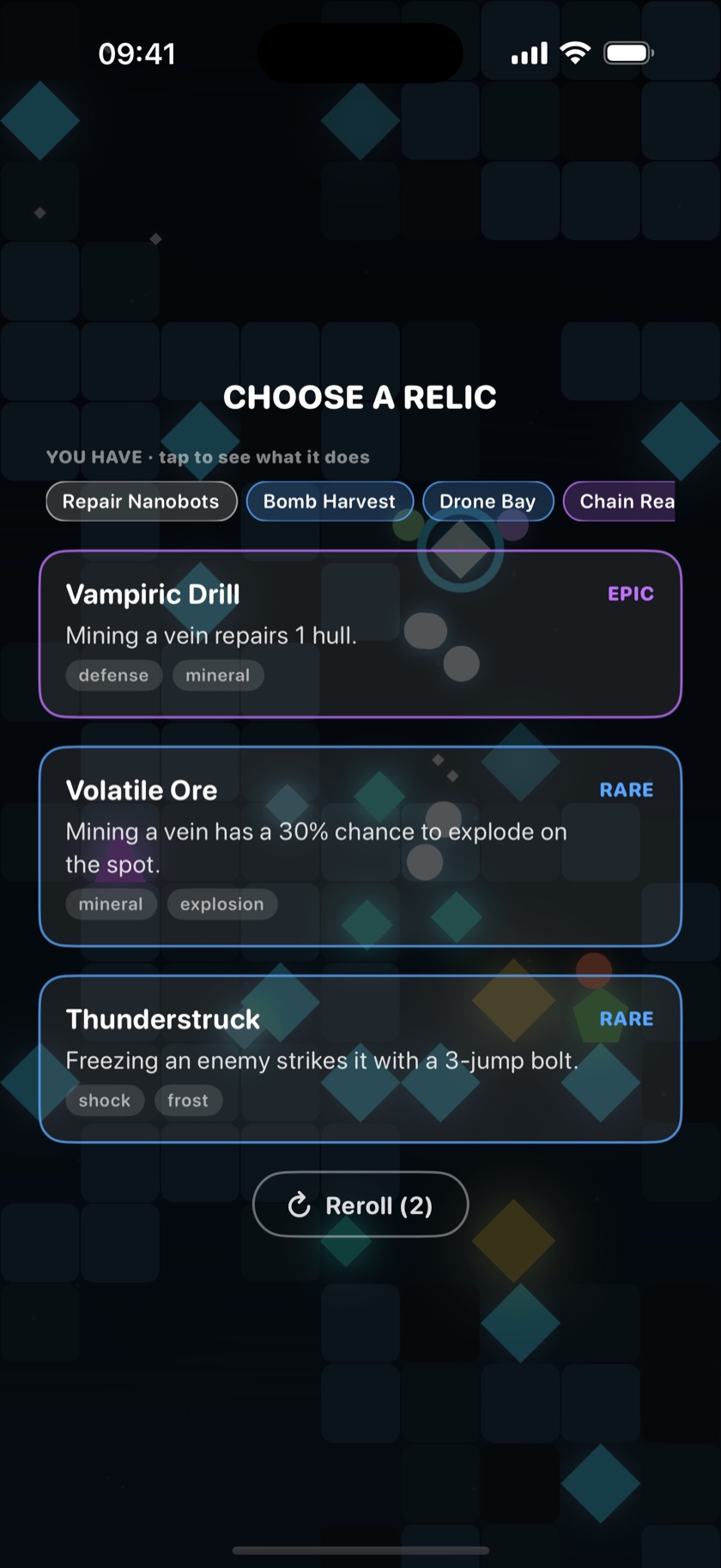 Downcore relic choice screen showing three relic cards of different rarities above the relics already collected this run