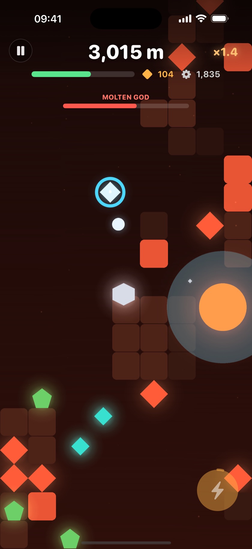 A Downcore boss fight in the Magma Core with projectiles in the air and the boss health bar on screen