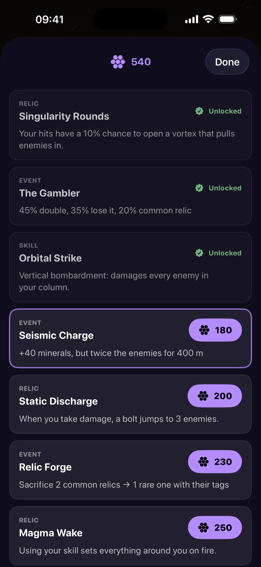 The Downcore store showing unlocked relics and events bought with cores, and the next one within reach