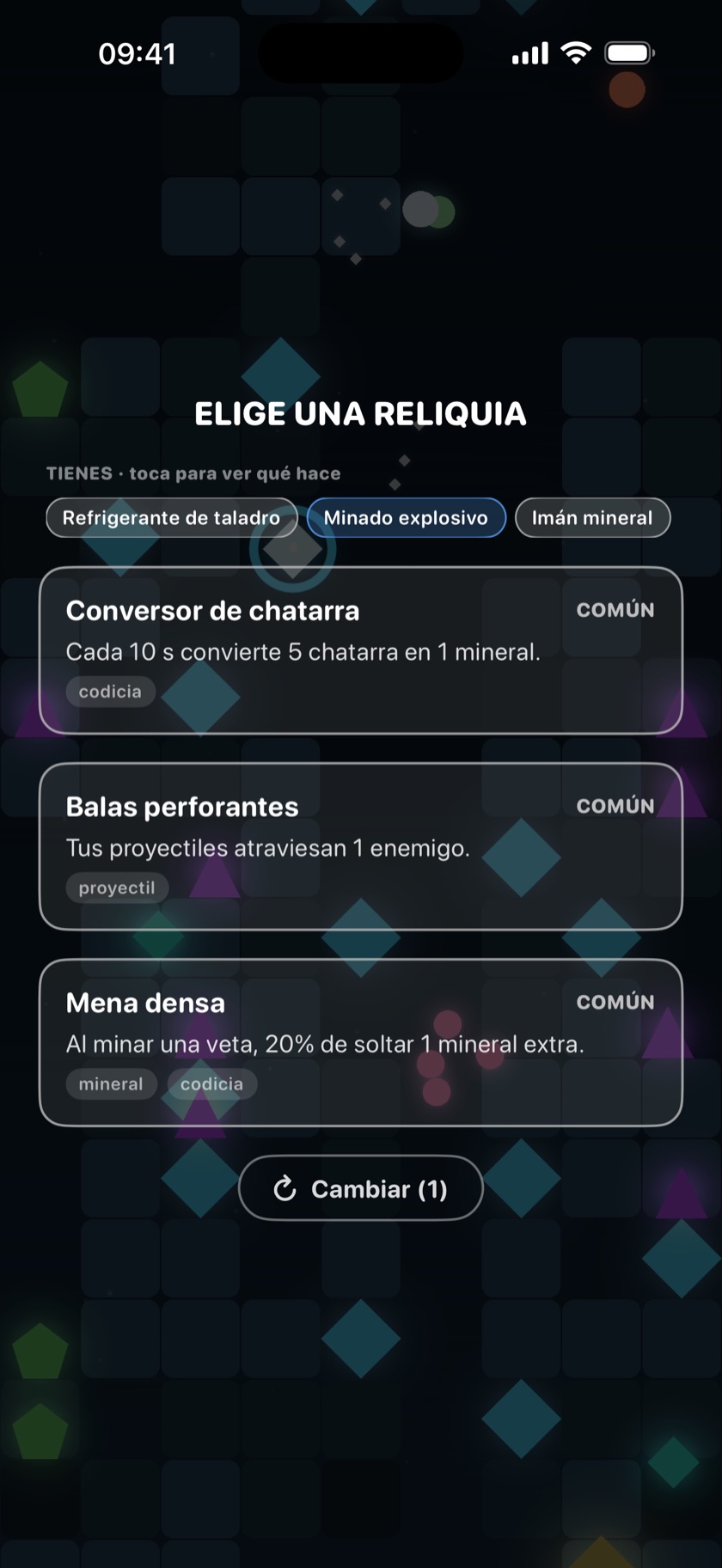Pantalla de elección de reliquia de Downcore con tres cartas de distinta rareza sobre las reliquias ya conseguidas en la partida