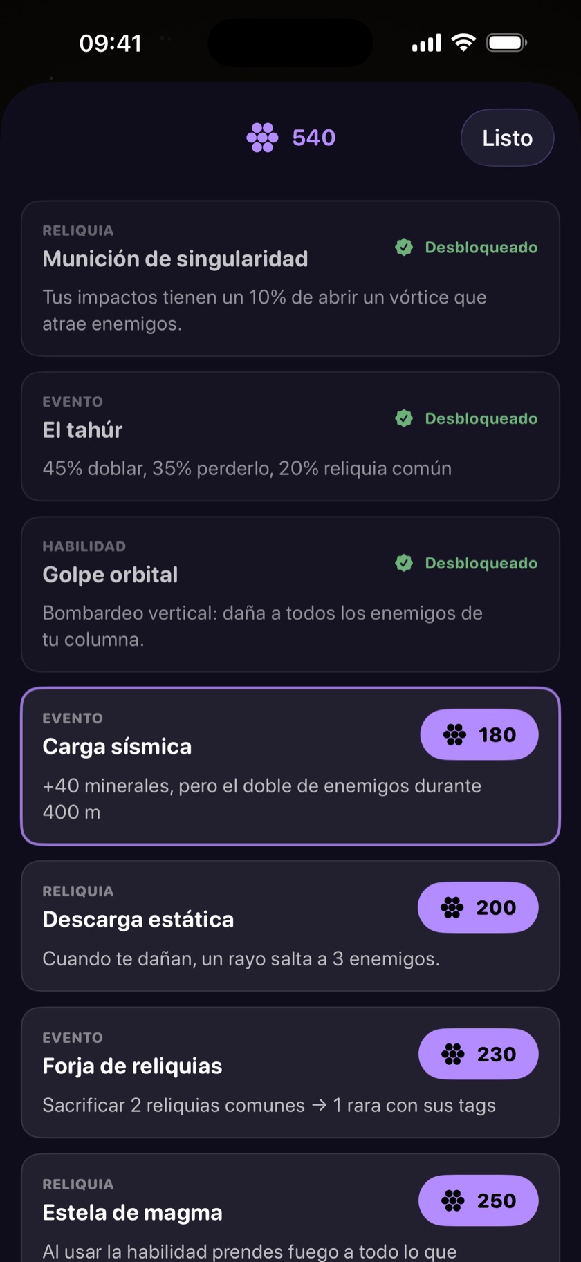 La tienda de Downcore con reliquias y eventos desbloqueados con núcleos, y el siguiente a la vista